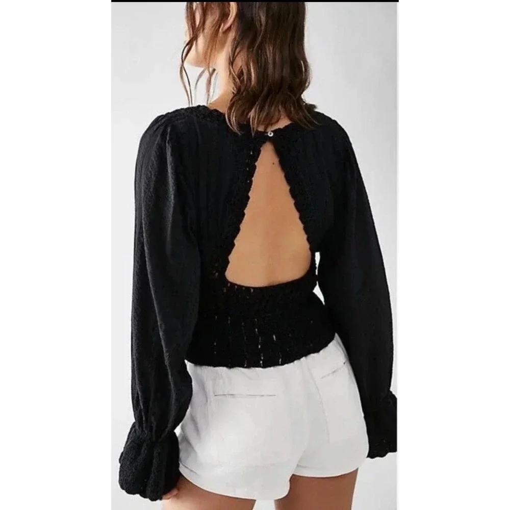 Free‎ People Megan Black Crochet Open Back Peplum Top Long Balloon Sleeve Medium